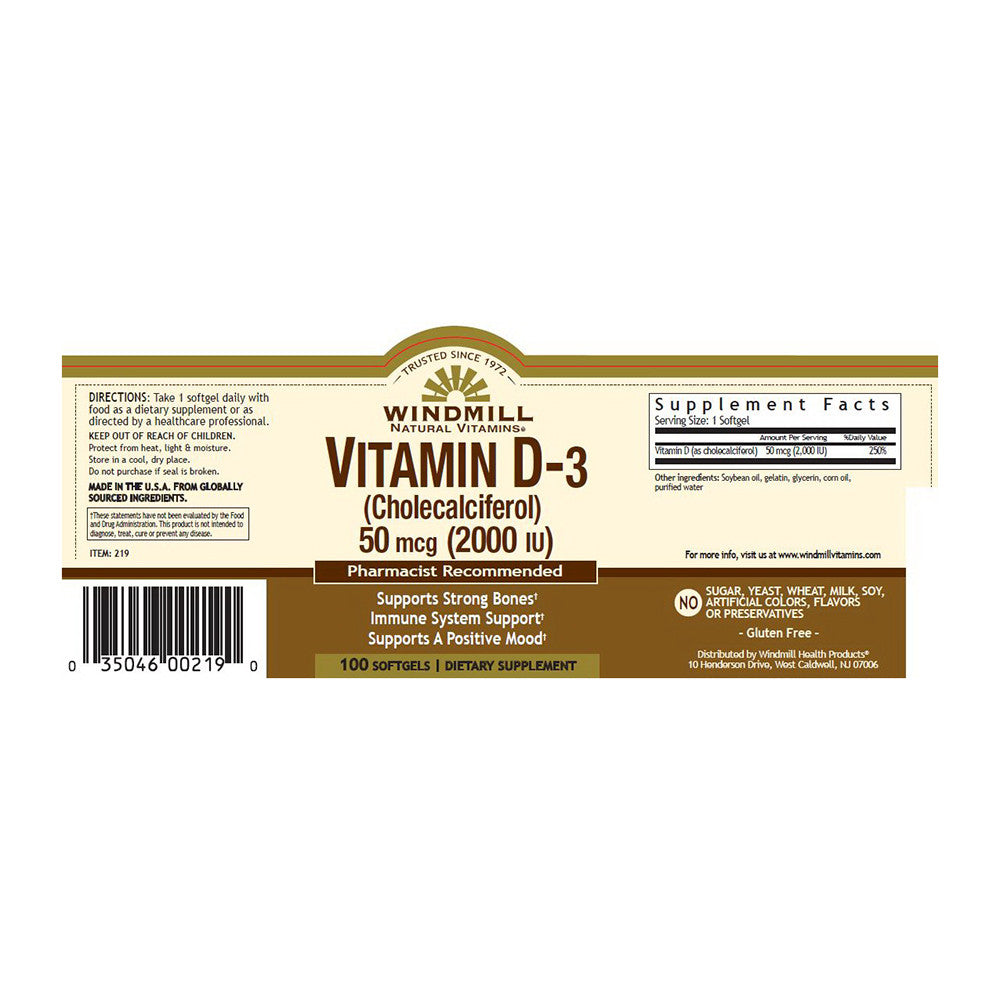 Windmill Vitamin D3 2000 IU Softgels 100 Ea